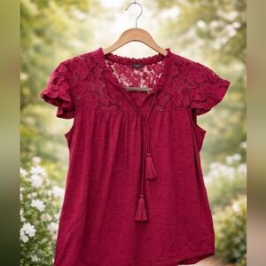 Romantic Lace Red Flowy Cotton Top